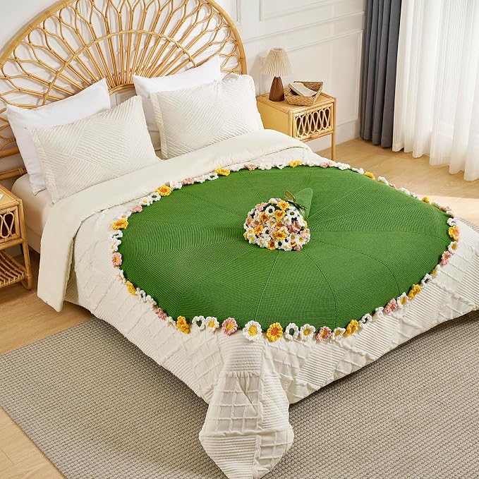 Longhui bedding Field of Daisies Hand Crochet Throw Blanket - 40 Inch Lightweight Floral Afghan, The Perfect Cute & Romantic Gift for Women, Girlfriend, Mom | Mother’s Day, Valentine‘s & Birthday