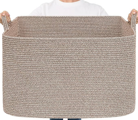 Goodpick 105L Extra Large Woven Rope Blanket Basket, Rectangle, Brown | 25'' x 16'' x 16'' Storage Basket for Blankets, Clothes & Pillows, Living Room & Bedroom Organization, Reinforced Handles