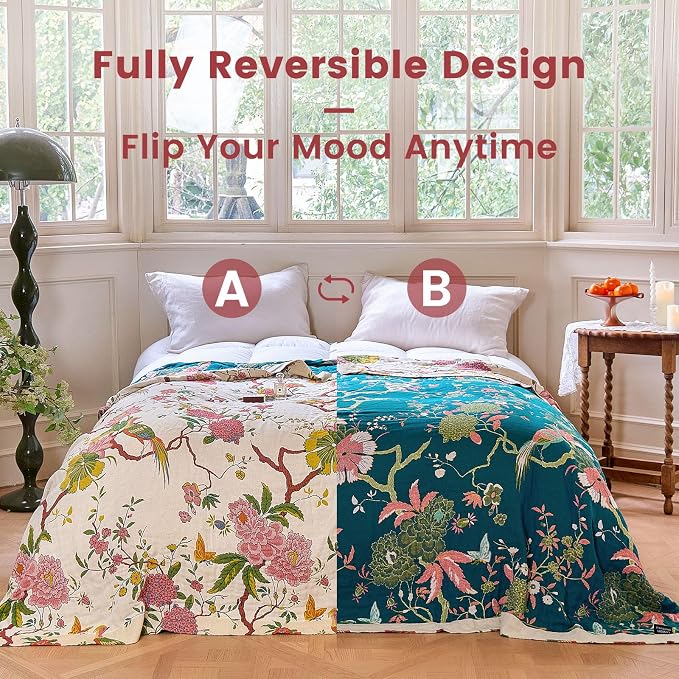 MSGKV Boho Throw Blanket 60"x80" Cotton Chinoiserie Bird Blanket for Couch | 100% Cotton Throw, Chinoiserie Floral Bird, Reversible Woven, Breathable Lightweight, Decorative Accent, Machine Washable