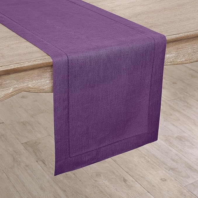 Solino Home 100% Pure Linen Dining Table Runner Purple Woven, 14 x 144 in | Classic Hemstitch, brings a tailored look to family meals and hosting, hemstitched border, soft, fine, OEKO-TEX Certified