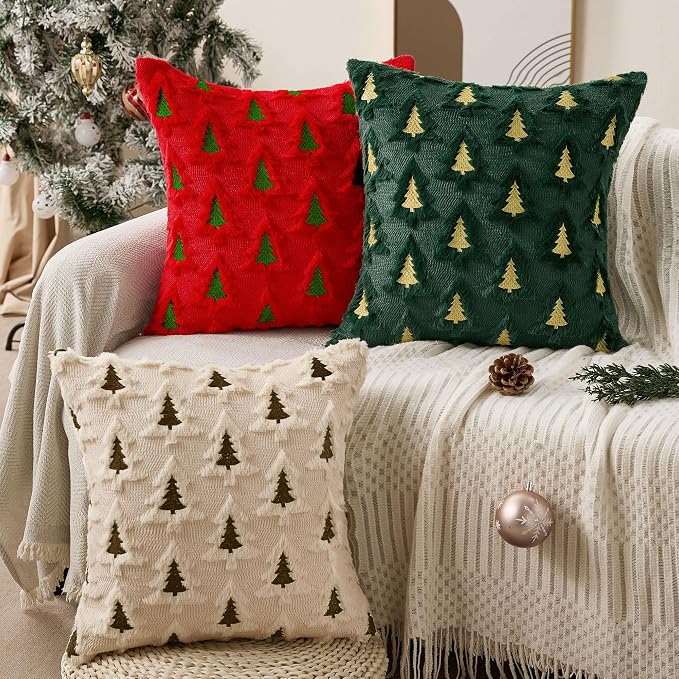 Allorry Christmas Pillow Covers 18x18 Set of 2 Red Green Double Xmas Tree Pillow Covers Soft Plush Faux Fur Christmas Decorations for Xmas Winter Holiday Home Bedroom Sofa Cushion Cases PT-008E18