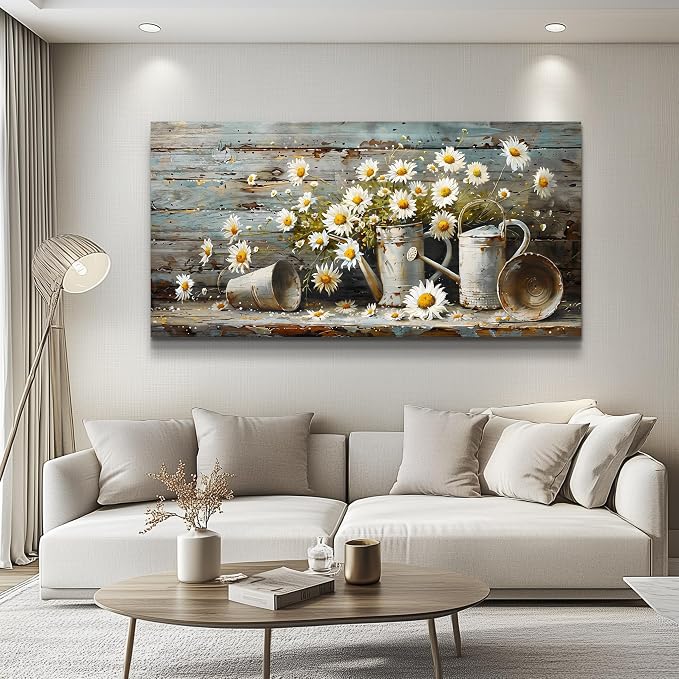 QIYILEXWART Large Wall Decor For Living Room Canvas Wall Art For Kitchen Modern Wall Decorations For Bedroom Daisy Rustic Landscape Painting Farmhouse Pictures Artwork Room Home Decor 24x48 In