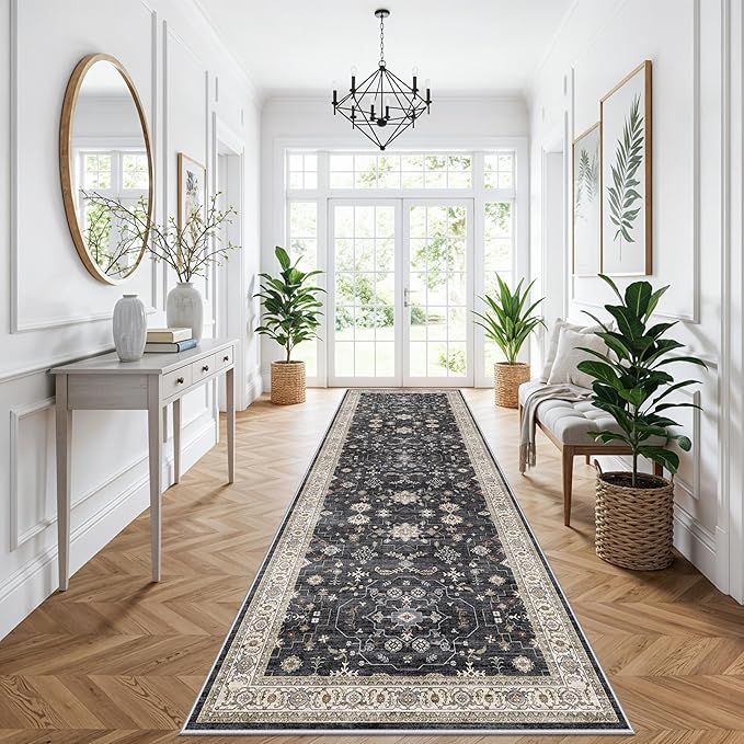 Washable 4x12ft Wide Hallway Runners - Non-Slip Vintage Kitchen Rugs with Rubber Backing Farmhouse Distressed Carpet for Dining Room Soft Thin Floor Mat for Living Room Bedroom (Black/Multi,4x12)