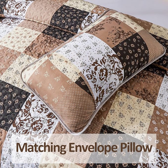 Mybedsoul Boho Quilts Queen Size, Patchwork Fall Bedding Set, Khaki | Soft Lightweight Microfiber Floral Coverlet Set, 3 Pieces Plaid Reversible Bedspread, Bed Sets for All Seasons 90"x96"
