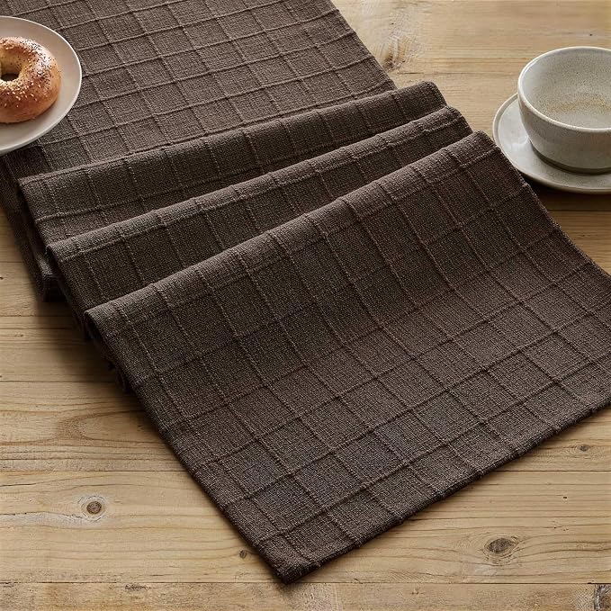 ZeeMart Artisanal Grid Linen Table Runner, 13x108 Inches Chocolate | Heavy Textured, Durable Thick Fabric, Farmhouse Handwoven Feel Linen Runner, Easy Care Table Decor for Kitchen Dining Room