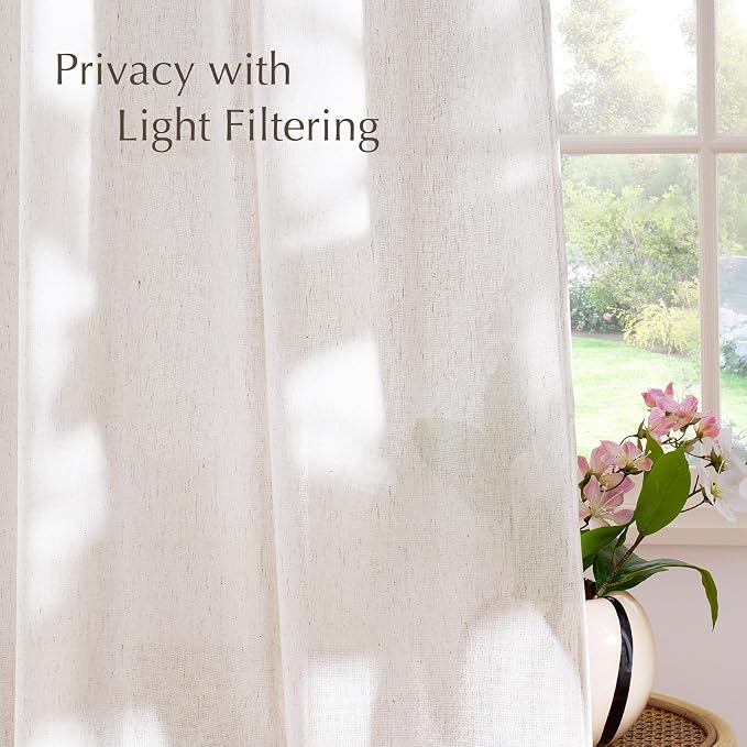 NICETOWN Linen Cream Curtains for Bathroom 45 inches Long, Rod Pocket & Back Tab Semi Sheer Window Treatments Privacy Added with Light Filtering Drapes for Bedroom, W55 x L45, 2 Panels