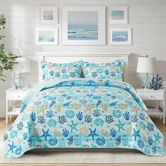 NEWLAKE Quilt Bedspread Sets - West Coastal Pattern Reversible Coverlet Set, Queen Size