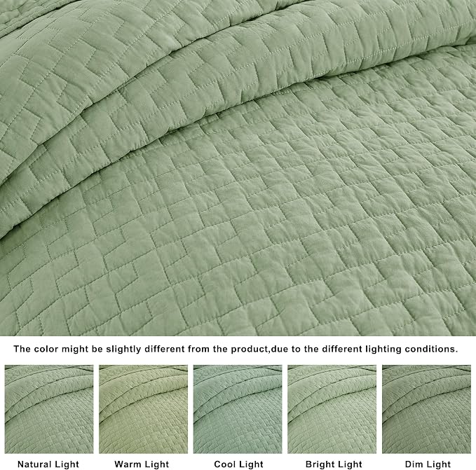 palassio Sage Green 100% Cotton Quilt King Size Bedding Sets with 2 Pillow Shams, Textured Lightweight Soft Bedspread Shabby Chic Coverlet, Quilted Comforter Bed Cover for All Season, 3 Pieces