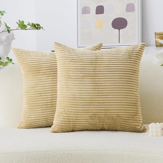 Home Brilliant 2 Pack 24x24 Pillow Shams Striped Corduroy Textured Velvet European Sham Throw Pillowcase for Bed Decorations, 24 x 24 inch, Taupe