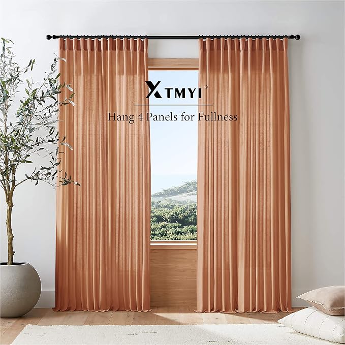 XTMYI 84 Inches Long Terracotta Country Curtains for Living Room,Sheer Linen Curtains for Bedroom 70 Inches Wide