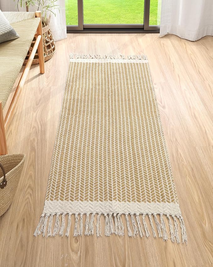 Lahome Boho Kitchen Runner Rug, 2x4.3 Washable Rugs for Bathroom Entryway | Woven Cotton Throw Mat with Tassels, Farmhouse Non Shedding Lightweight Low Pile Carpet for Bath Bedroom Doorway, Khaki