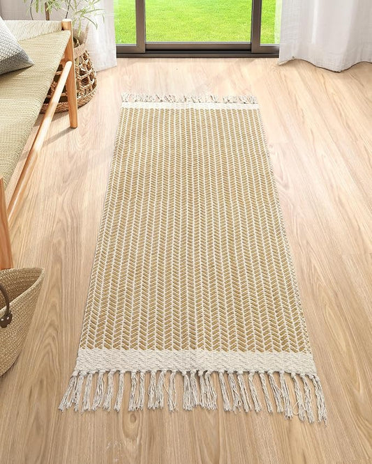 Lahome Boho Kitchen Runner Rug, 2x4.3 Washable Rugs for Bathroom Entryway | Woven Cotton Throw Mat with Tassels, Farmhouse Non Shedding Lightweight Low Pile Carpet for Bath Bedroom Doorway, Khaki
