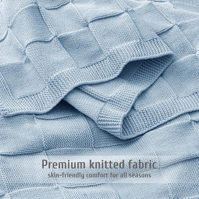 Whale Flotilla Checkered Knit Throw Blanket for Couch, Blue | Soft Decorative Knitted Blankets for Couch Sofa Bed, Lightweight Cozy Throws for Spring Summer, 60x80 Inch