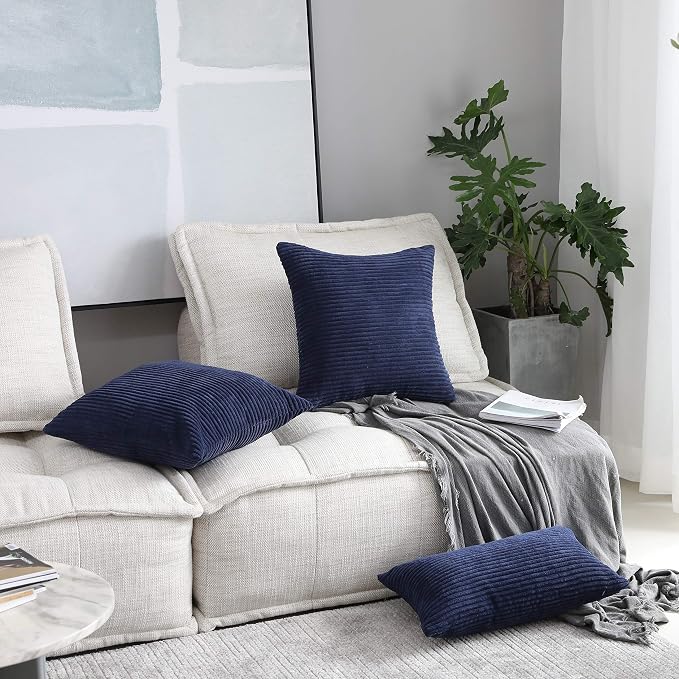 Home Brilliant Set of 2 Decorative Pillows for Couch Pillow Protectors for Sofa, Stripes Velvet, 40x40 cm, 16 x 16 Inch, Navy Blue