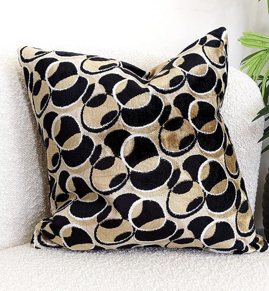 Tache Velvet Throw Pillow Cover - 1 Piece 18 X 18 Inch Square Black Beige Brown Modern Geometric Decorative Velvety Eternal Eclipse Soft Cushion Case