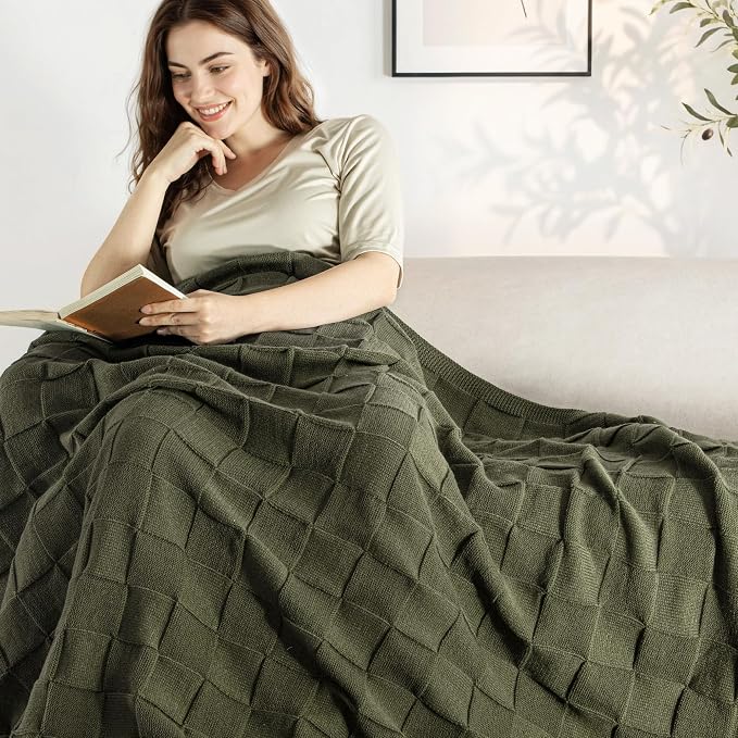Whale Flotilla Checkered Knit Throw Blanket for Couch, Olive | Soft Decorative Knitted Blankets for Couch Sofa Bed, Lightweight Cozy Throws for Spring Summer, 60x80 Inch
