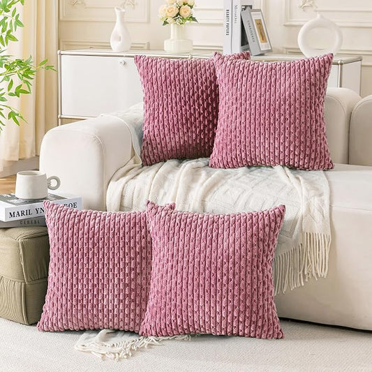 Set of 4 Pink Decorative Throw Pillow Covers 22x22 Inch Corduroy Pillow Covers for Bed Couch Sofa Living Room Soft Square Cushion Cases