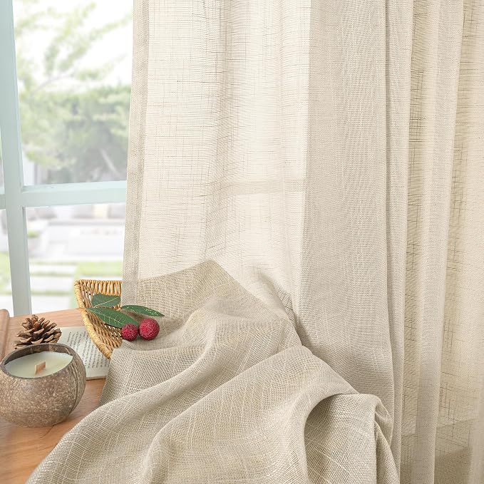 YoungsTex 95 Inch Length Linen Curtains for Living Room - Light Filtering Natural Drapes Semi Sheer with Rod Pocket Back Tab Privacy for Bedroom Windows, Oatmeal, 2 Panels, 52 X 95 Inch