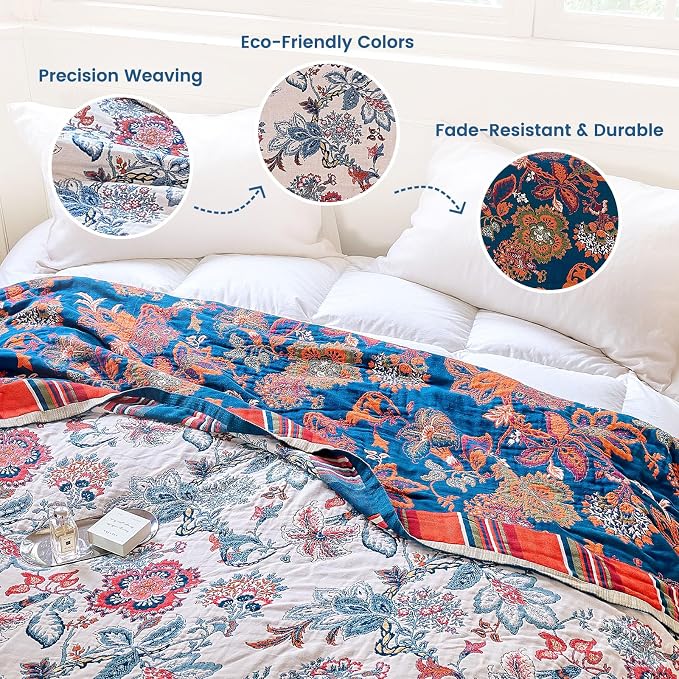 MSGKV Boho Throw Blanket 60"x80" 100% Cotton Farmhouse Floral Blanket | 100% Cotton Muslin, Botanical Throw Blanket, Reversible Weave, Soft & Breathable, Rustic Home Style, Machine Washable