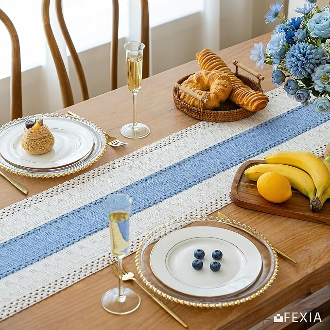 FEXIA Boho Table Runner for Home Decor 12x72 Light Blue Farmhouse Decor | 72 Inches Long with Tassels Rustic Table Runner Macrame Burlap Centerpieces for Living Dining Room Bedroom for Baby Shower