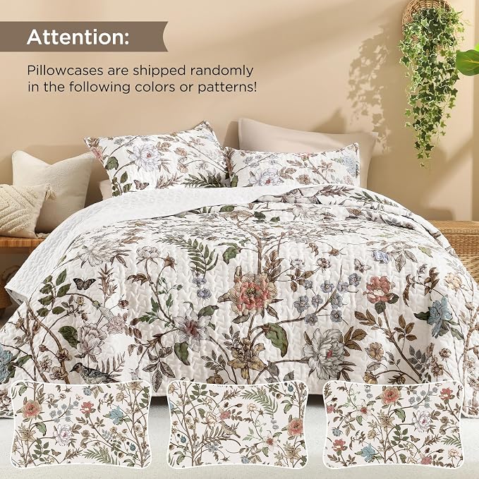 Litanika Floral White Quilt California King - 3Pcs Botanical Birds Bed Set | Bedspread Summer Lightweight Soft Coverlet with Pink Flower for All Seasons (112"x104")