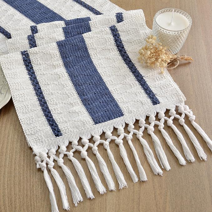 FEXIA Boho Table Runner with Tassels for Fall Home Decor 12x72 Blue Decor | 72 Inches Long Farmhouse Rustic Burlap Table Decoration for Living Room Dining Room Autumn Decor Centerpieces for Tables