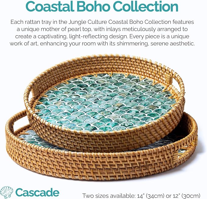 JUNGLE CULTURE Round Rattan Tray with Mother of Pearl Inlay • Cascade 12”