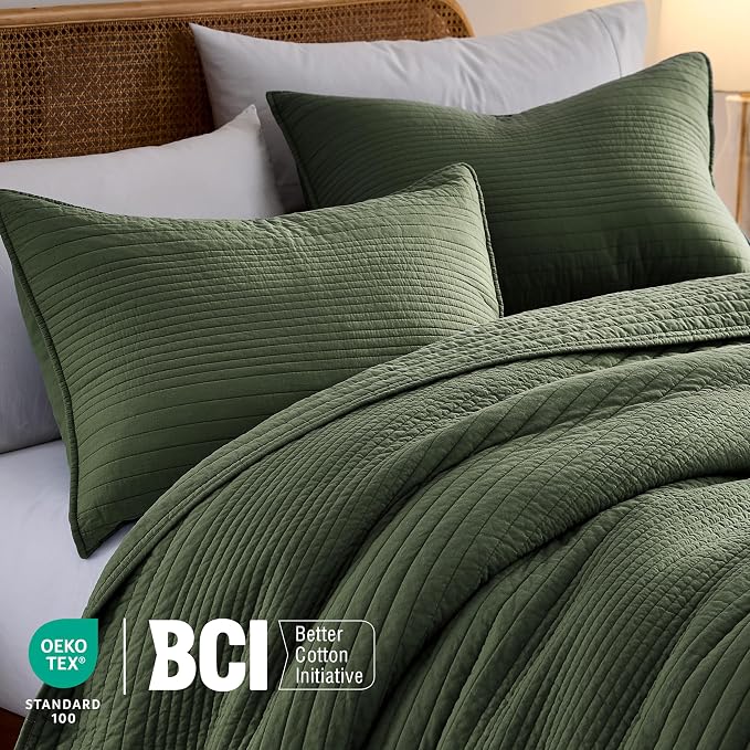 palassio Striped Olive Green 100% Cotton Quilt Twin Size Bedding Sets, Lightweight Crinkly Channel Pick Stitch Textured Bedspread Soft Shabby Chic Farmhouse Country Coverlet for All Season, 1 Sham