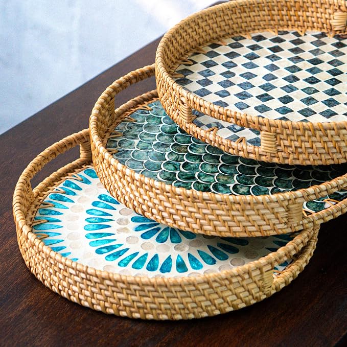 JUNGLE CULTURE Round Rattan Tray with Mother of Pearl Inlay • Cascade 12”