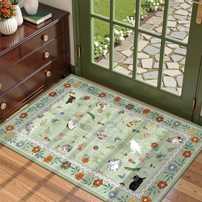 AIMPEAK Green 2x3 Washable Door Mat - Non Slip Low Pile Cat Floral Boho Small Area Rug for Entryway, Kitchen, Front Door, Indoor Entrance, Kids Room Throw Rug Carpet, Green Multi