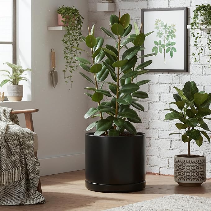 D'vine Dev 16 Inch Ceramic Planter Pot, Black, 94-O-H-2 | Modern Cylinder Design, Drainage Hole & Saucer Included, Stable Structure, Elegant Home Accent