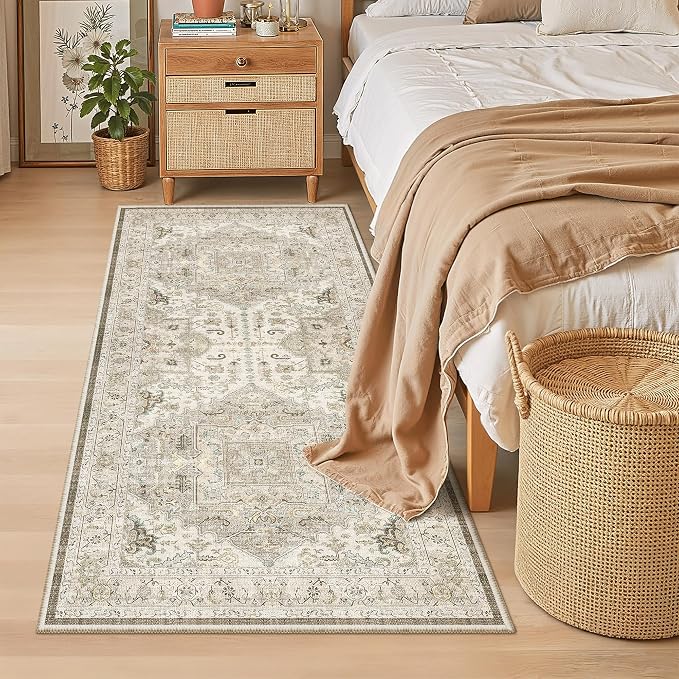 Madane Washable Runner Rug 3x6 Runners for Hallways Non Slip, Ivory/Brown | Vintage Stain-Resistant 6 Feet Kitchen Rug, Soft Low-Pile Ultra-Thin Floor Carpet Mat for Bathroom Laundry Room Bedroom 2x6ft