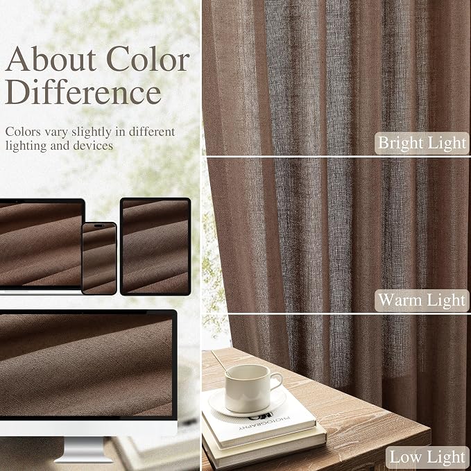 Linen Curtains 90 Inches Long for Living Room Semi Sheer Light Filtering Curtain Back Tab Rod Pocket Neutral Boho Modern Farmhouse Window Drapes for Bedroom 52x90 2 Panels Caramel Brown