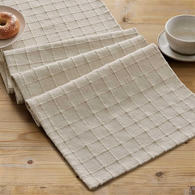 ZeeMart Artisanal Grid Linen Table Runner, 13x60 Inches Neutral Beige | Heavy Textured, Durable Thick Fabric, Farmhouse Handwoven Feel Linen Runner, Easy Care Table Decor for Kitchen Dining Room