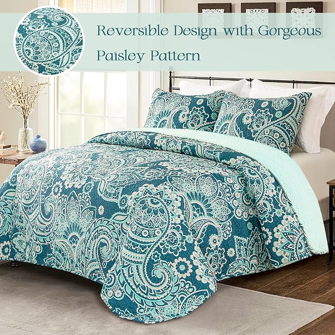 Whale Flotilla Patchwork Quilt King Size, Extra Soft Boho Paisley Bedspread | Reversible Lightweight King Quilt Bedding Set for Bed, Turquoise Printed Coverlets with 2 Pillow Shams for All Seasons