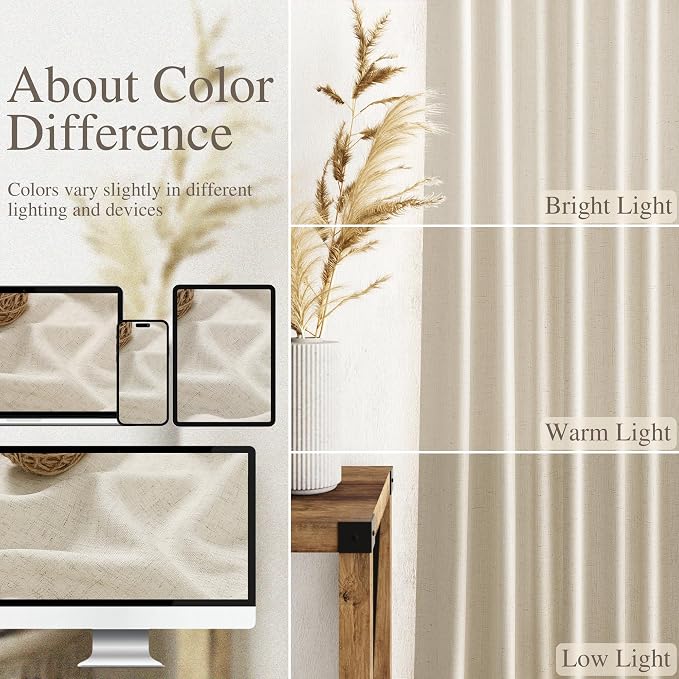 Vanilla Linen Curtains for Living Room 72 Inches Long Luxury Light Filtering Semi Sheer Curtain Back Tab Modern Farmhouse Decor Elegant Coastal Drapes for Bedroom Office 52x72, 2 Panels