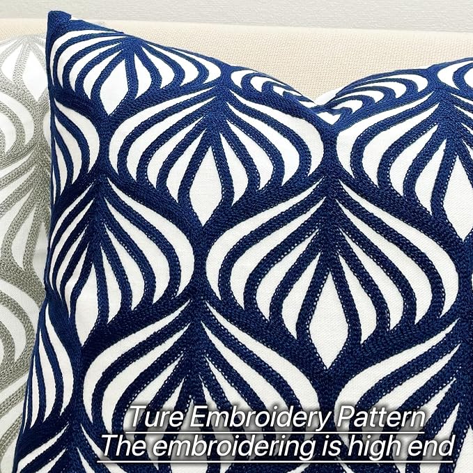 Slow Cow Embroidery Decorative Throw Pillow Cover Case for Couch Sofa Home Decor Modern Geometric Accent Pillow Cushion Cover 18 x 18 Inches Navy Blue