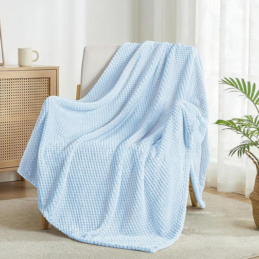 Exclusivo Mezcla Large Waffle Fleece Throw Blanket for Couch, Light Blue | Lightweight Soft Blanket for Sofa, Bed, Living Room, Plush Fluffy Throw for Home Decor, Travel, All Season, 50x70 Inches