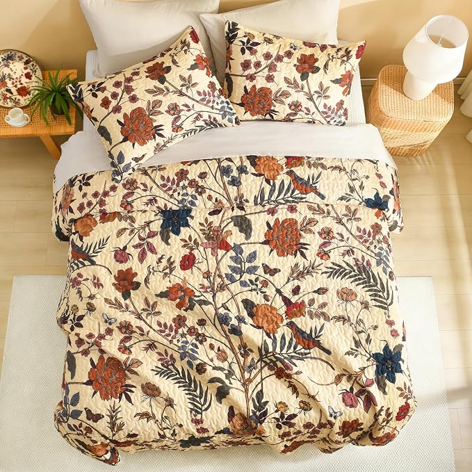 Litanika Floral Beige Quilt King - 3Pcs Botanical Birds Pattern Bed Set | Bedspread Summer Lightweight Soft Coverlet with Orange Flower for All Seasons(106"x96")