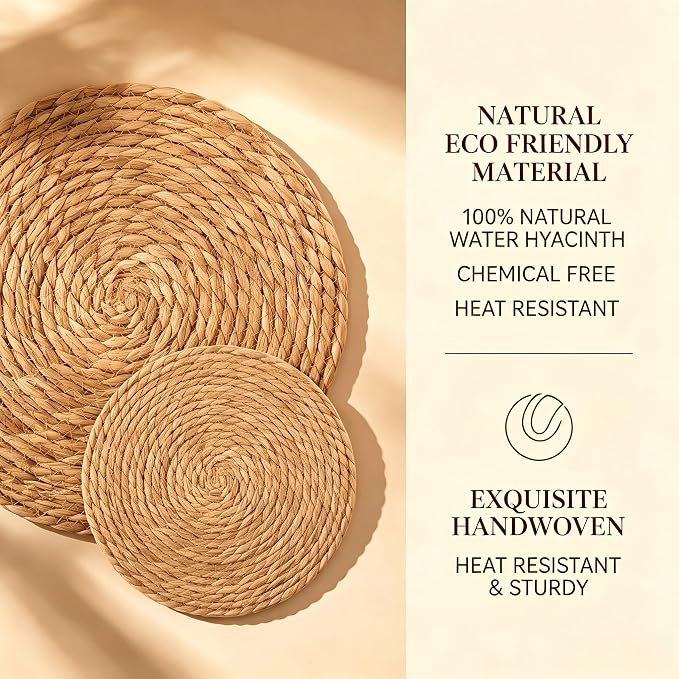 13.8 Inch Round Woven Placemats Set of 18, Rattan Chargers for Dinner Plates, Rattan Wicker Table Mats Jute Braided, Boho Farmhouse Rustic Braided Place Mats for Kitchen Dining Party Decor