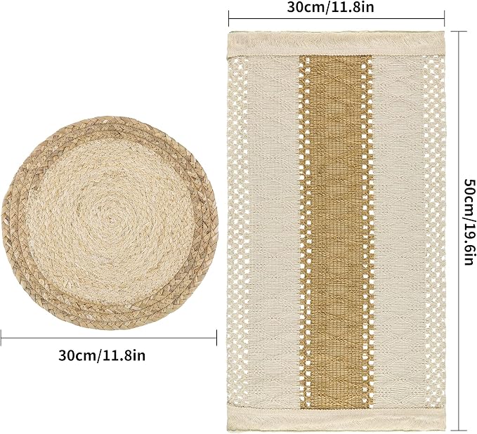 Placemats Set of 4 with 4 PCs Round Placemats and 4 PCs Table Mats | Natural,Handmade,Boho Woven Placemat,Burlap Table Placemats,Heat Resistant for Kitchen and Dining Table Farmhouse Décor