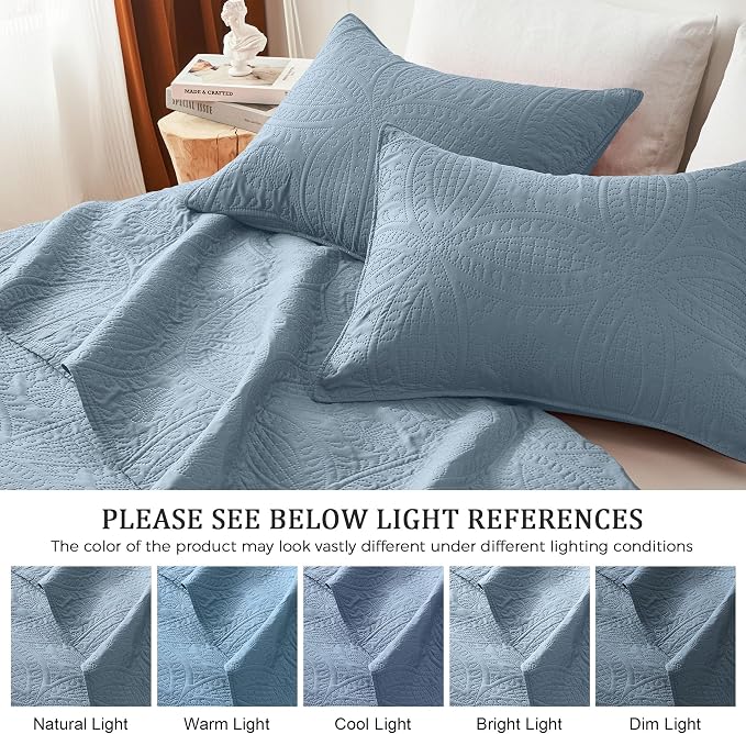 akkialla Dusty Blue Full/Queen Quilt Set,Ultrasonic Lightweight Bedspread Coverlet for Modern Minimalist Bedroom,Soft Microfiber Coin Pattern Bedding,3-Piece (1 Quilt,2 Pillow Shams)