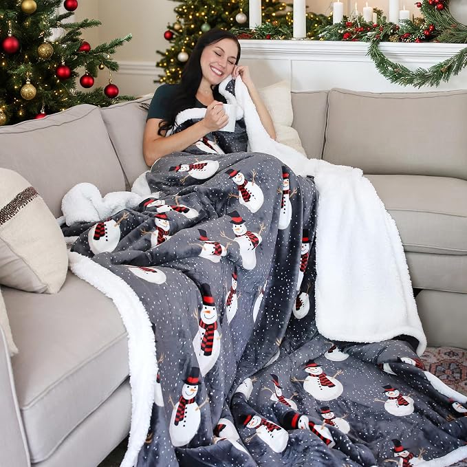 Catalonia Snowman Blanket, Holiday Theme Sherpa Fleece Throw, Blanket for Couch and Bed, Christmas Blanket | Super Soft, Comfy, Cozy, Fluffy, Warm | 60x80 inch, Grey