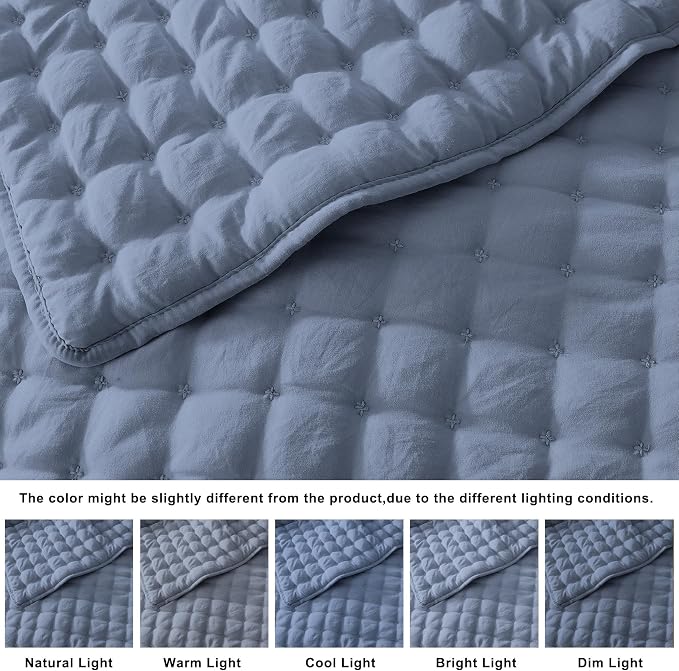 WDCOZY Dusty Blue Cloud Quilt Set King Size, Lightweight Soft Cross Stitch Bedspread, Farmhouse Rustic Country Coverlet, Spring Summer Thin Comforter, 3 Pieces, 2 Pillow Shams, 104x90 inches