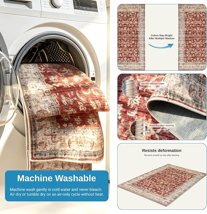 5x7 Washable Rug for Living Room, Non Slip Carpet for Bedroom | Soft faux wool, machine washable & stain resistant. Non-slip rubber backing, low pile. For living room, bedroom, office.Red.