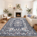 GarveeHome Vintage Area Rug 4x6 for Dining Room Boho Flower Accent Mats | Botanical Bordered Floor Carpets Machine Washable Non-Slip Low Pile Floral Rugs for Bedroom Living Room Dorm Home Blue