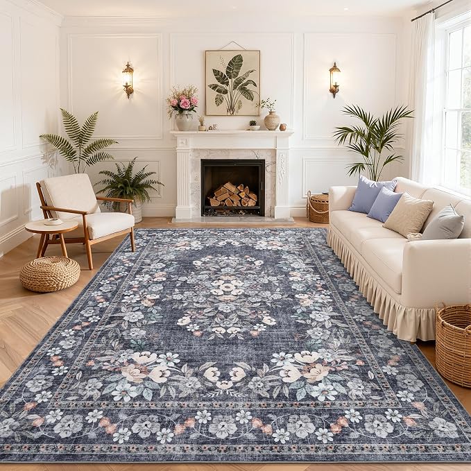 GarveeHome 8x10 Bedroom Rug Botanical Vintage Flower Floor Cover | Bordered Blue Rugs Low Pile Non-Slip Machine Washable Floral Area Rug for Living Room Guest Room Office Nursery