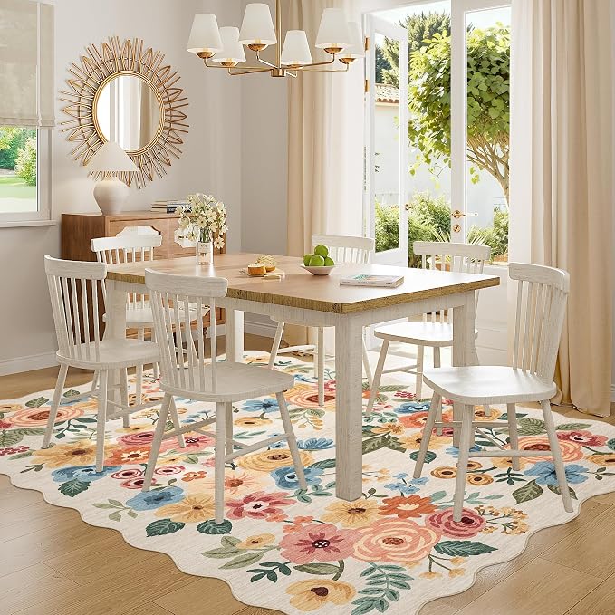DUKINO 6x9 Area Rugs, Floral Washable Living Room Rug Non Slip Beige Yellow | Low Pile, Stain Resistant, Soft Indoor Large Rugs for Bedroom, Dining Room, Kids Playroom, Nursery, Pet Friendly, Home Decor