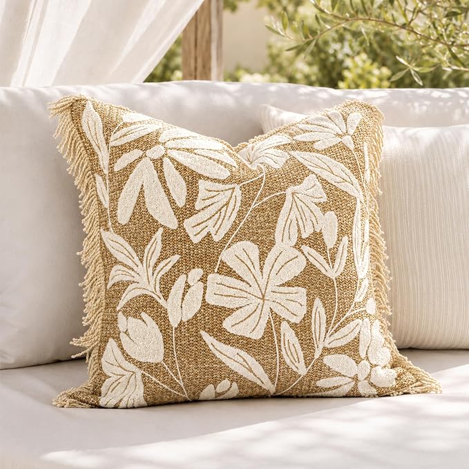 BlissBlush Throw Pillow Cover 20x20 Inch Indoor Outdoor, Jute-Look Floral Tufted Decorative Accent Pillow Case for Patio Sofa Couch Living Room, Cover Only