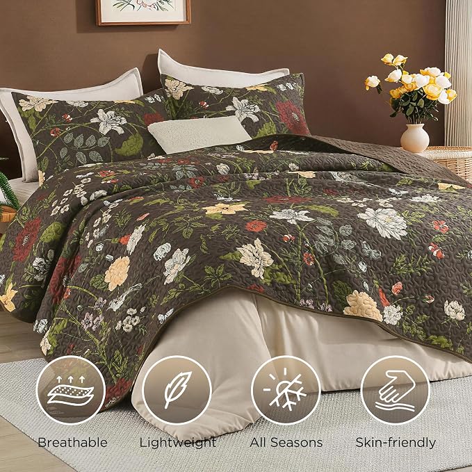Litanika Floral Dark Brown Quilt - 3Pcs Botanical Birds Bedding Set | Bedspread Summer Lightweight Soft Coverlet with Red Flower for All Seasons (112"x104")